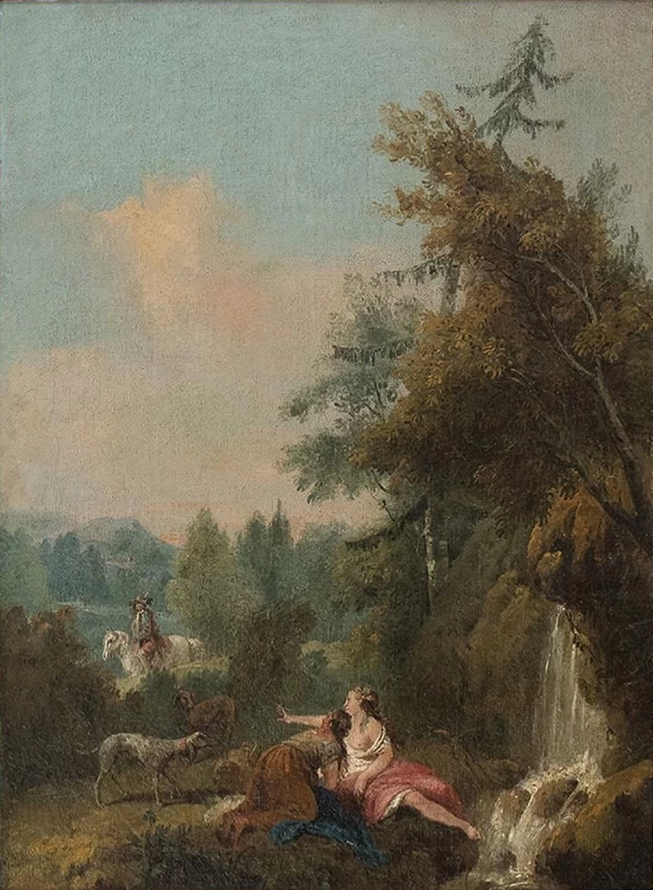 Paesaggio con cascata, sullo sfondo due lavandaie e un cavaliere